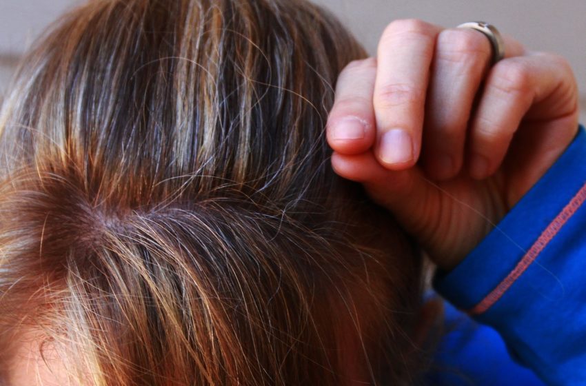 Shot of top of brunette woman's head while she pulls on piece of gray hair