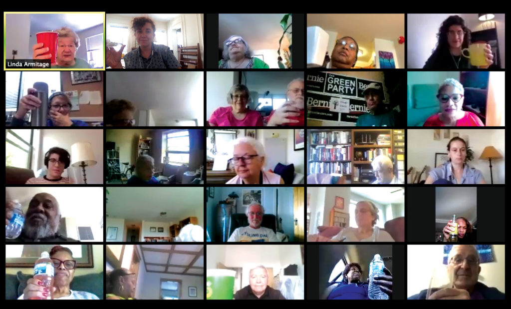 Members of the Jane Addams Senior caucus participate in a Zoom celebration after passage of a senior safety ordinance