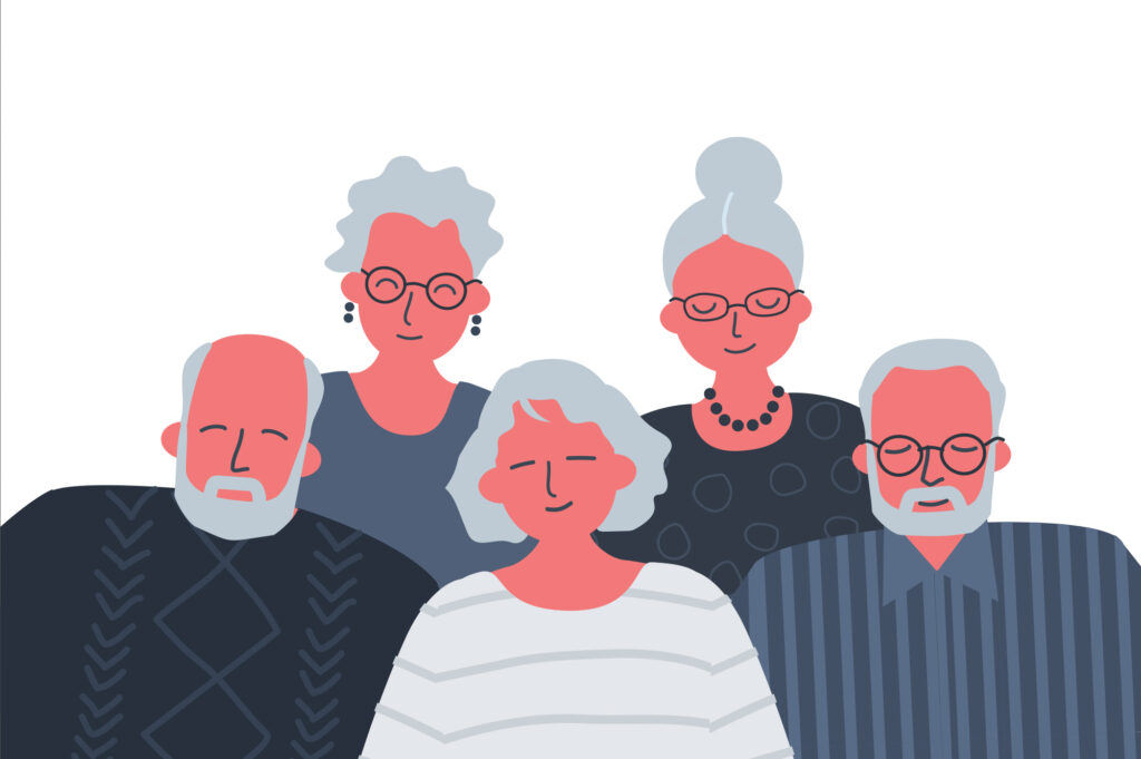 Illustration of small group of seniors, belonging concept. Build meaning for those with dementia.
