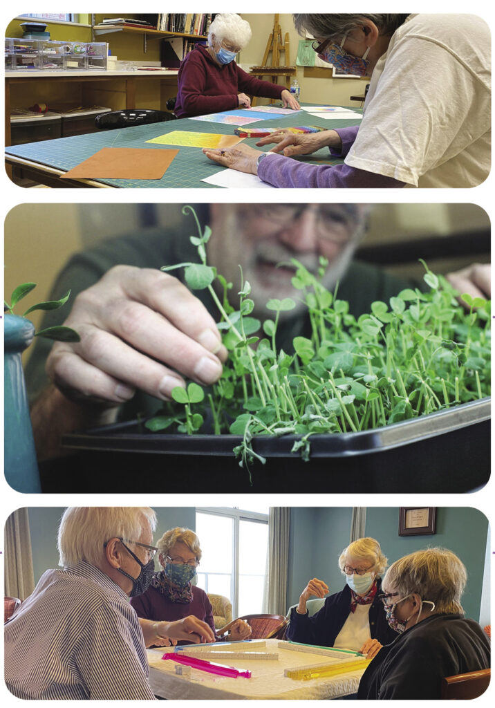 Seniors engaged in games, arts and crafts, and gardening. They are part of a memory care community at the Admiral at the Lake.
