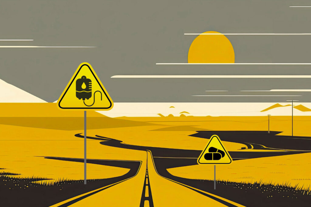 Illustration of road with hazard signs depicting travel with illness