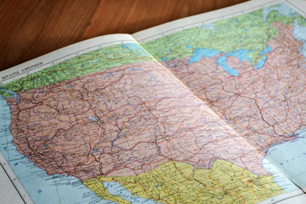 Map of United States in a book laid flat