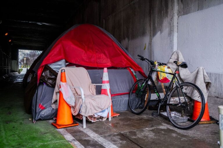 A red tarp covers a gray tent that has been set up under an overpass. Orange cones and a bike stand outside of the tent.