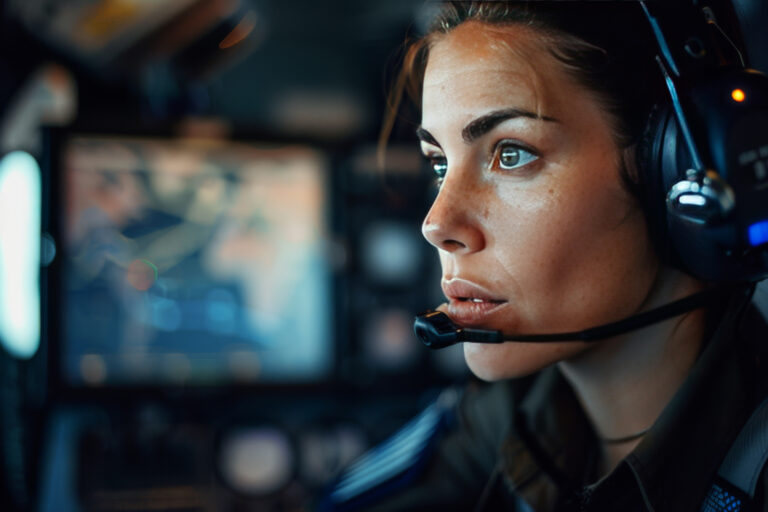 Police woman at a call center. Endangered Missing Person Advisory assistance. Purple alerts and amber alerts