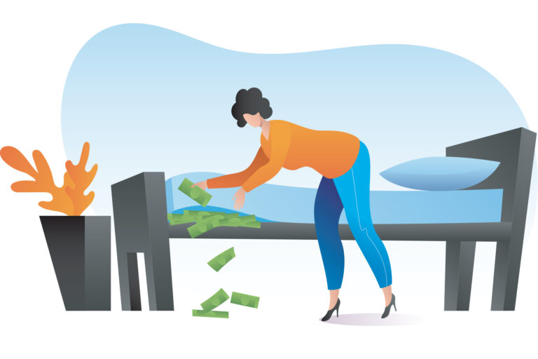 Illustration of woman hiding money under a mattress. Representation of community question: how do you protect finances?