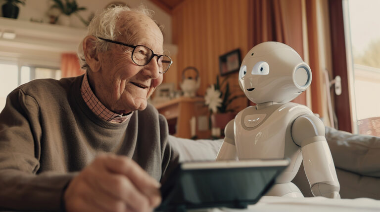 Senior man interacting with a robot. Innovative approaches to memory care example.