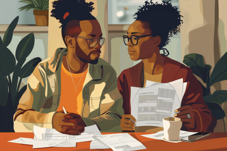 Illustration of couple sitting at a table working on financial planning