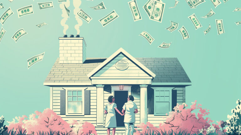 Using your home equity to pay for care. Illustration of dollars flying out of a chimney.