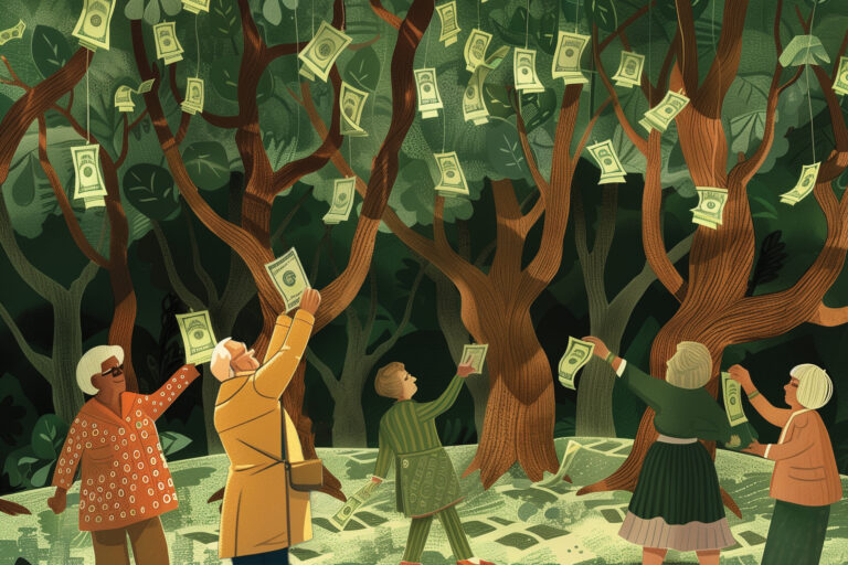 Money falling from tree. Conceptual illustration about finances and how to prepare as you approach retirement age