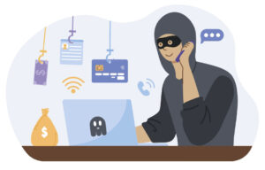 Scammer illustration. Representation of scammer in front of computer making phone calls to steal credit card information.