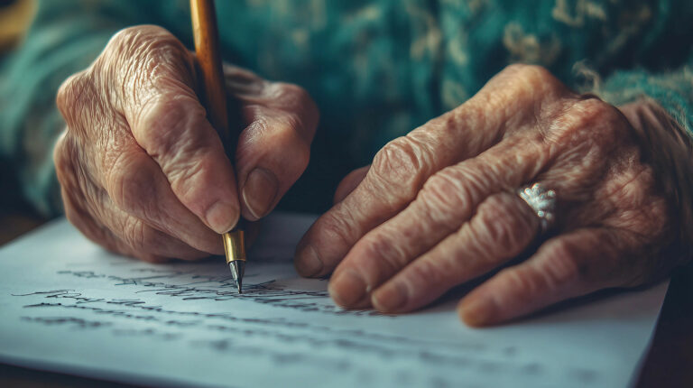 Elderly Hands Writing with a Pen