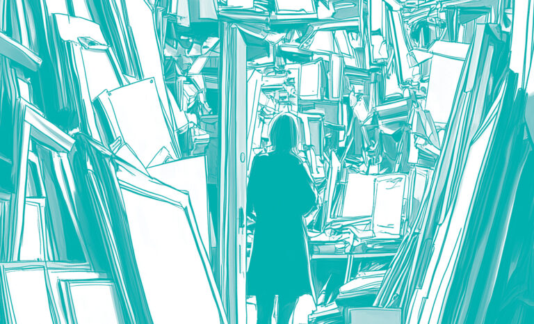 Illustration of a woman standing in a doorway of a room overflowing with possessions, representing the concept of hoarding.