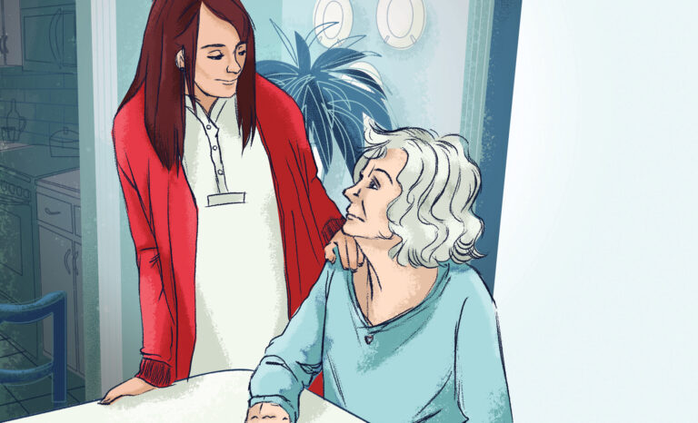 Illustration of an undocumented ailing Venezuelan mother seated at a table with her caring adult daughter. Illustrations by María Yeoshen.