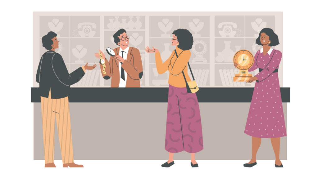 Illustration of people standing at the counter of an appraiser to determine the value of their things.