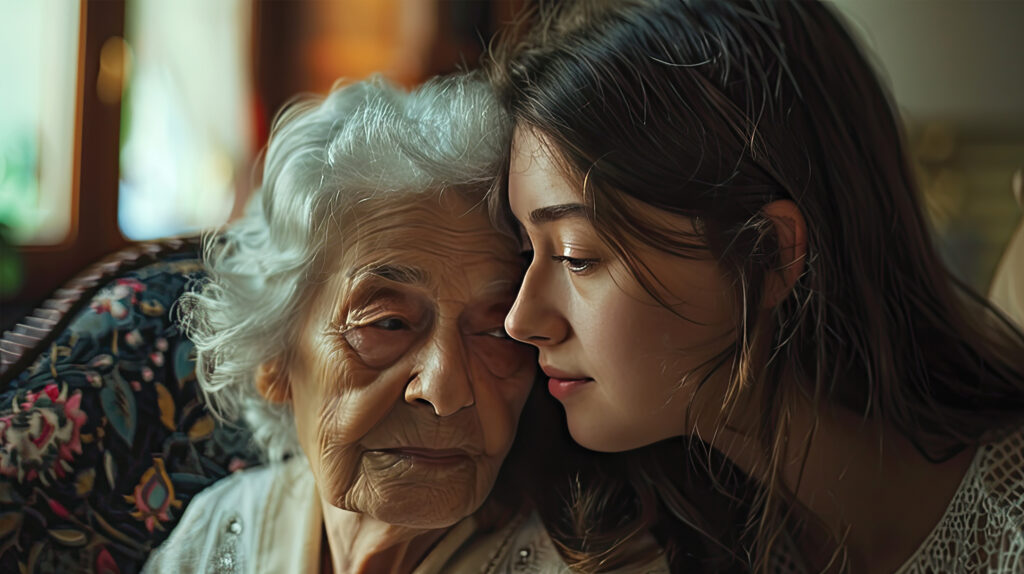 Young woman cares for a senior. She looks tired and shows signs of caregiver burnout