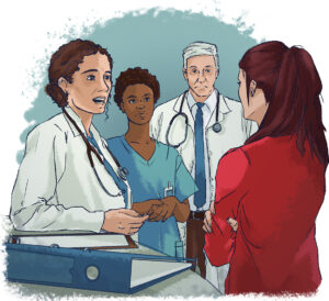 Illustration of a Venezuelan woman talking to doctors about her mother's situation and not having insurance. Illustrations by María Yeoshen.