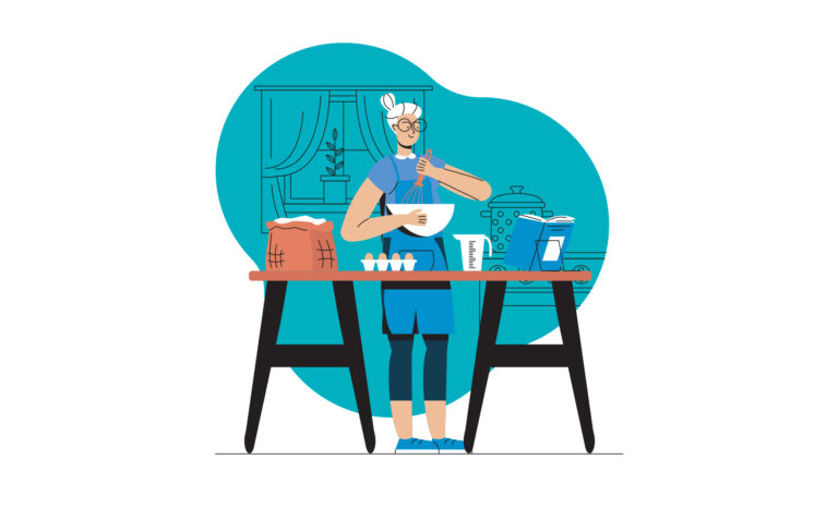 Illustration of a senior woman preparing a dish based on a traditional family recipe