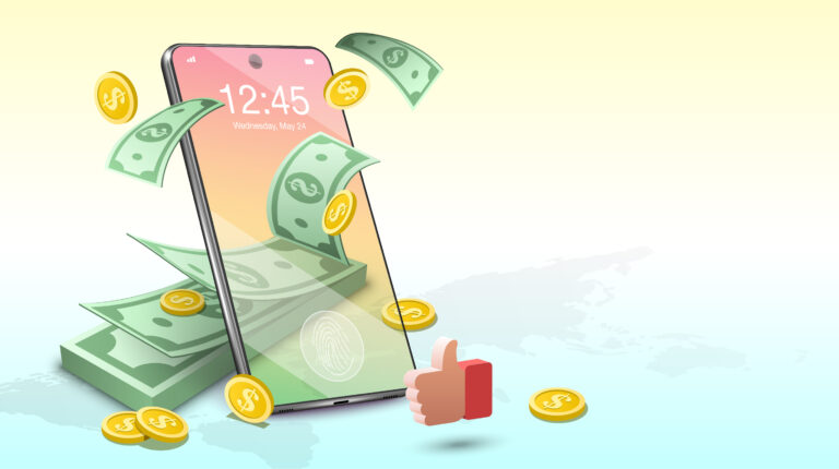 Illustration of a smart phone showing money coming out of the phone representing digital payment apps.