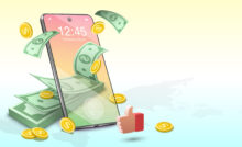 Illustration of a smart phone showing money coming out of the phone representing digital payment apps.