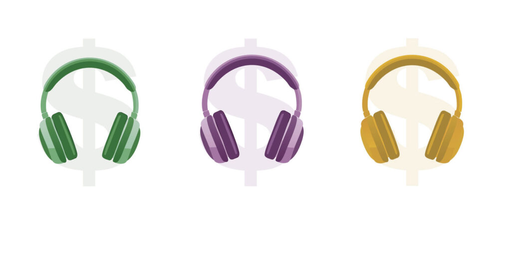 Headsets with dollar signs behind, financial podcasts representation