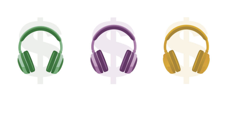 Headsets with dollar signs behind, financial podcasts representation