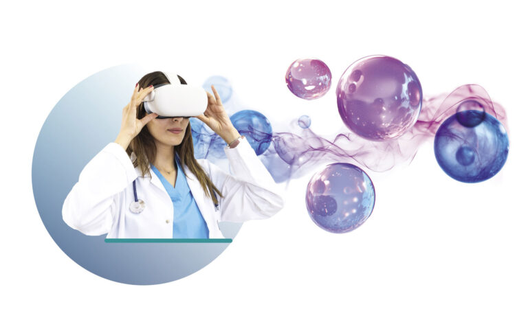 Healthcare professional wearing VR glasses to simulate what a person with dementia experiences