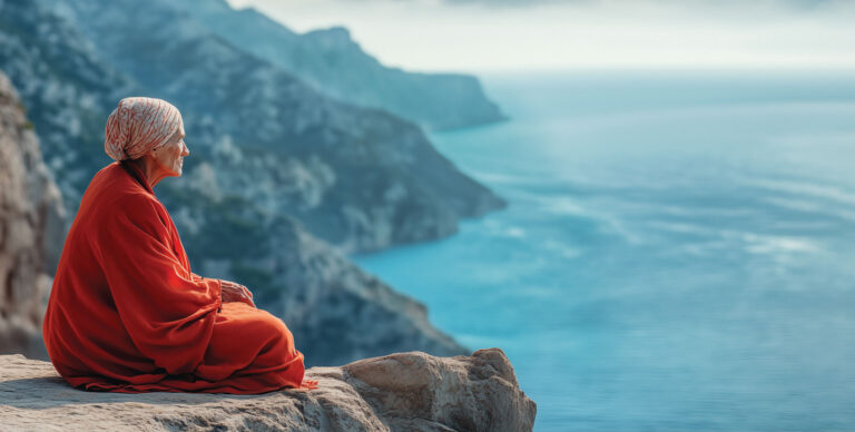 A centenarian sits at the edge of a cliff overlooking the sea in a blue zone - one of the 5 areas of greatest longevity in the world