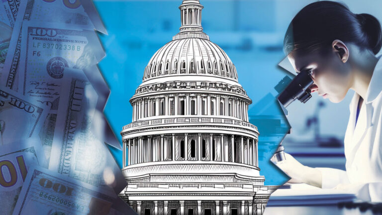 Conceptual montage of researcher and money being separated by the federal capitol building.