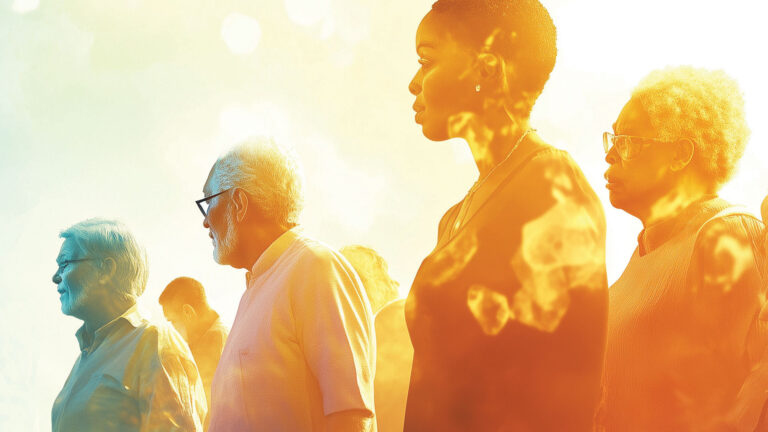 A diverse group of middle aged to elderly people representing longevity ethics.