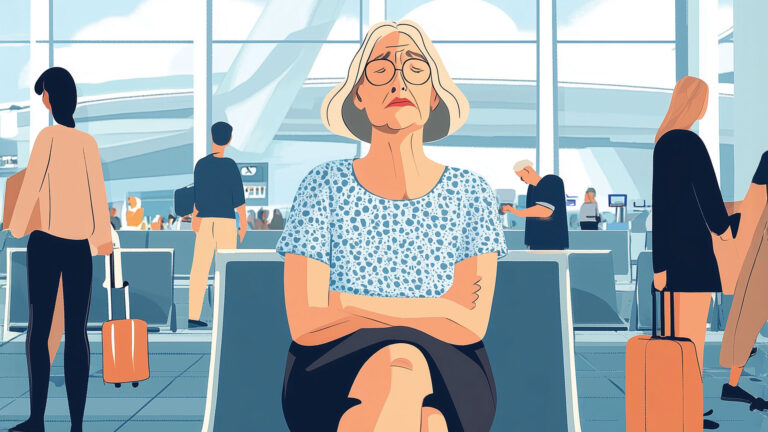 Illustration of a woman seated at the gate of an airport with legs crossed tightly, as she attempts to control urinary urinary incontinence.