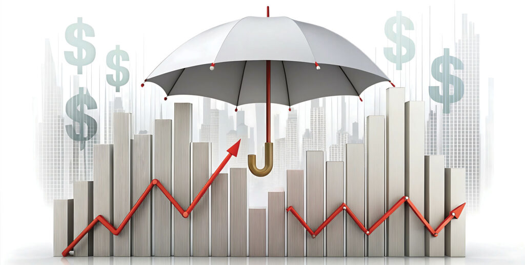 Illustration of an uncertain financial market and how to protect yourself. Umbrella covering a downward stock market graph and dollar signs shown.