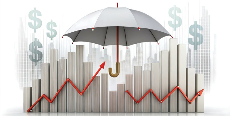 Illustration of an uncertain financial market and how to protect yourself. Umbrella covering a downward stock market graph and dollar signs shown.