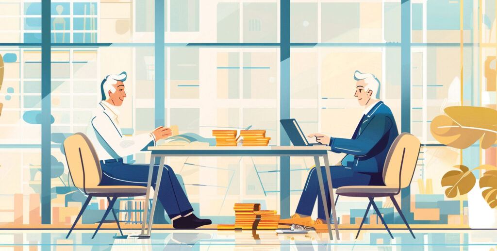 Illustration of two men seated at a table engaged in financial planning