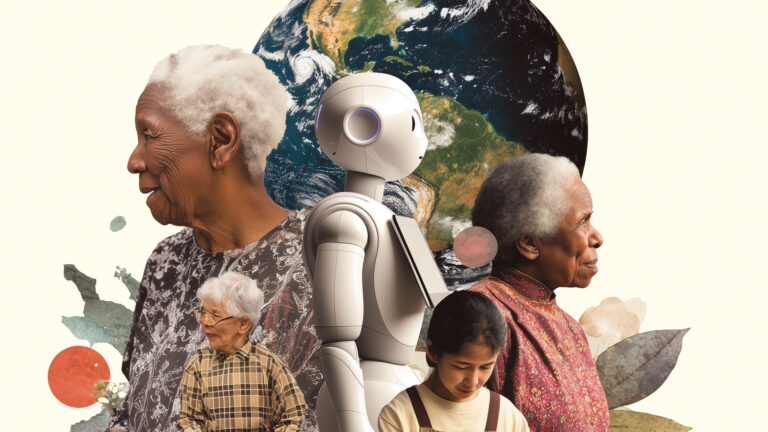 Montage of an ethnically diverse group of seniors and a robot with planet Earth in the background. Representation of the global caregiver shortage.