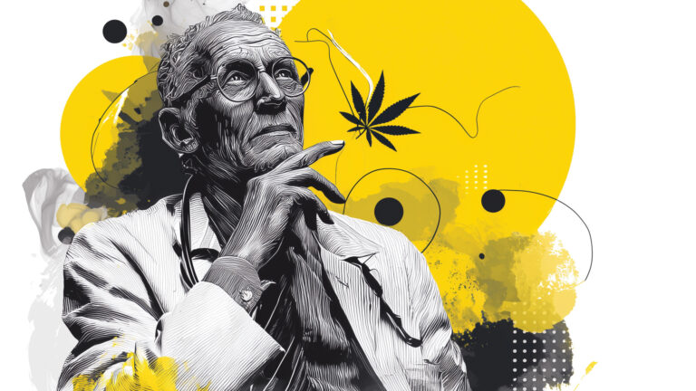 Illustration of a medical doctor with a marijuana leaf in the background contemplating marijuana as a drug therapy.