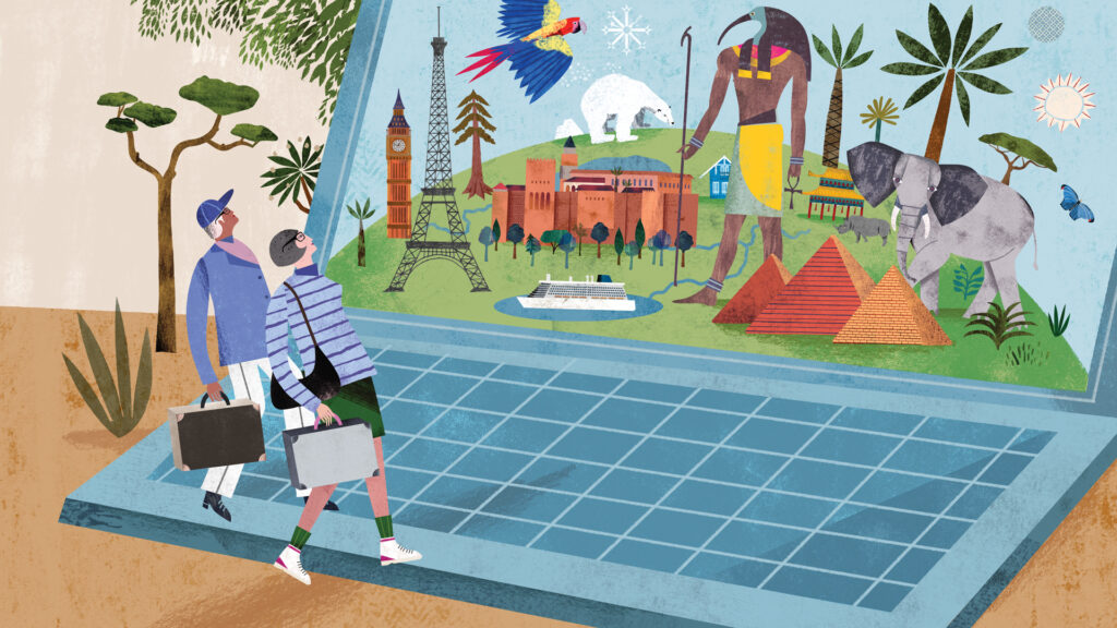 Illustration of a senior couple traveling virtually, in front of a laptop with iconic world scenes.