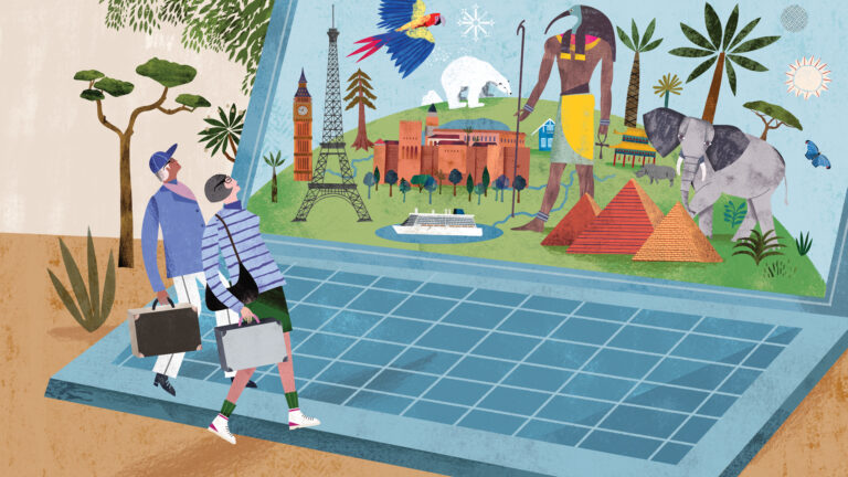 Illustration of a senior couple traveling virtually, in front of a laptop with iconic world scenes.