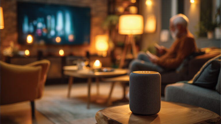 Senior in his home holding a smart phone with an Alexa device in the foreground. Assistive technologies support senior care