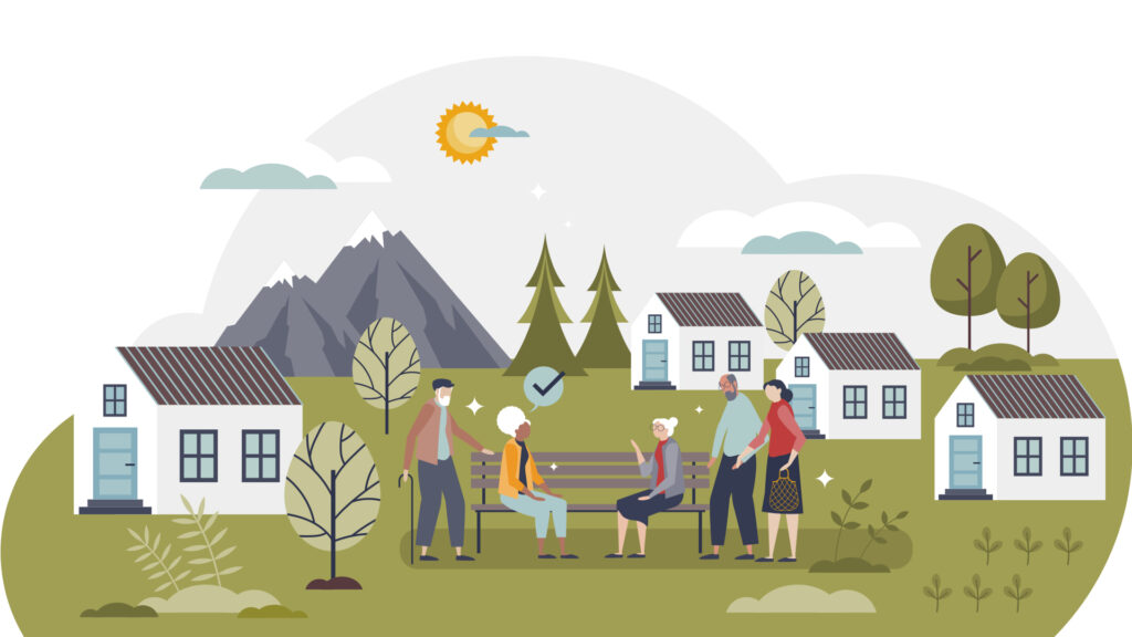 Illustration of a group of seniors outside of a senior living community. Resident's rights are explored.