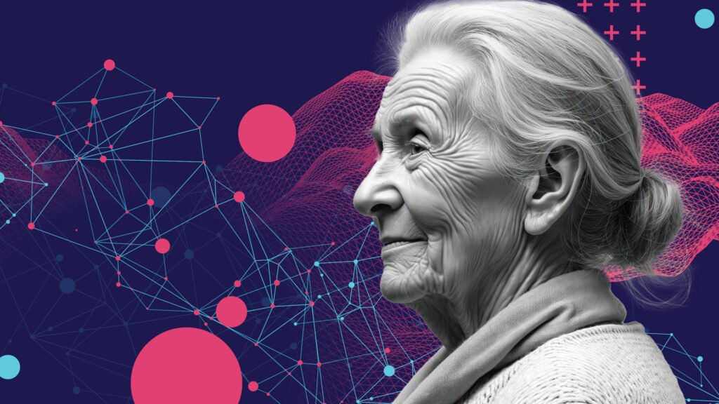 Photo montage of a portrait of a senior woman with a tech illustration in the background
