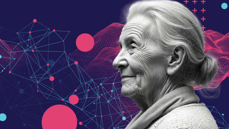 Photo montage of a portrait of a senior woman with a tech illustration in the background