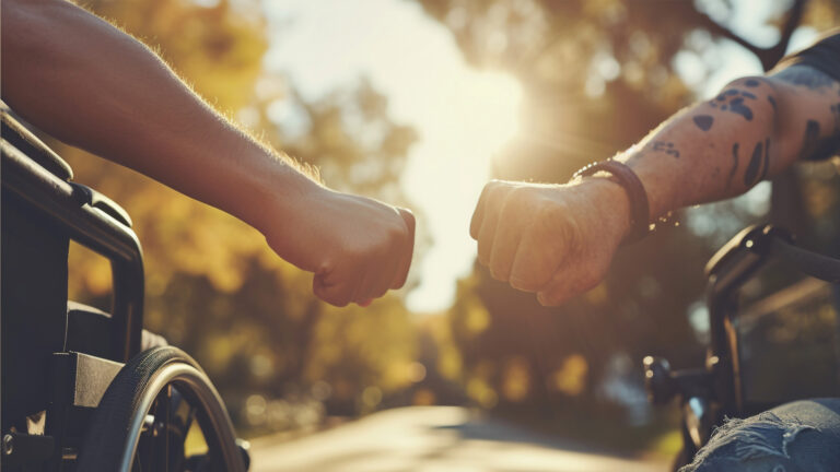Two men in wheelchairs supporting each other.