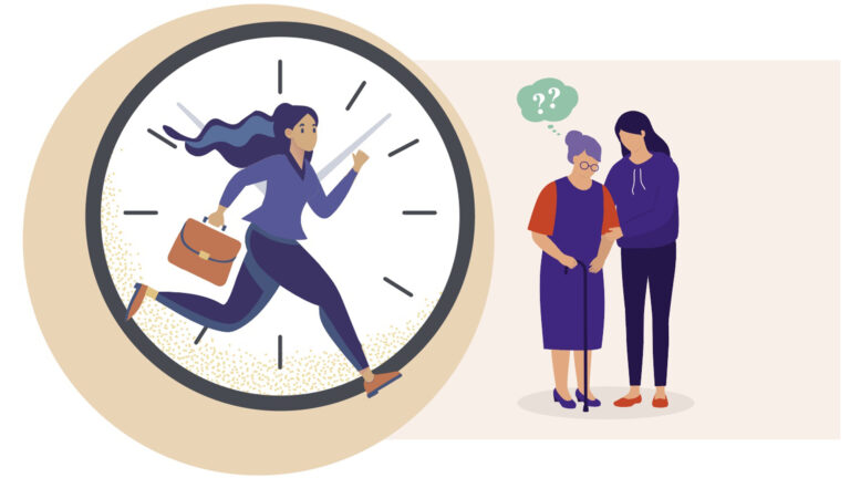 Illustration of a split screen showing a woman running to work juxtaposed to the same woman caring for her senior mother. Concept of splitting time and caregiver discrimination in the workplace.