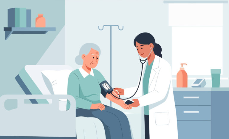 Senior at a doctor appointment discussing vaccines