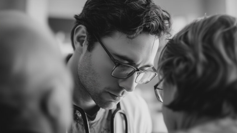 Empathetic physician listens to family members of a patient showing care.