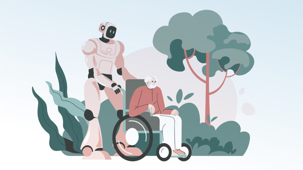 Illustration of a robot pushing a man in a wheel chair.