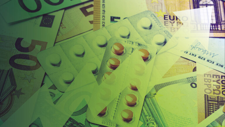 Photo montage of currency with pills on top and an upward arrow indicating the drug tariffs effect on affordability