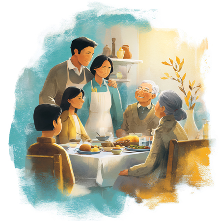 Watercolor painting of an Asian family gathering around a dining table