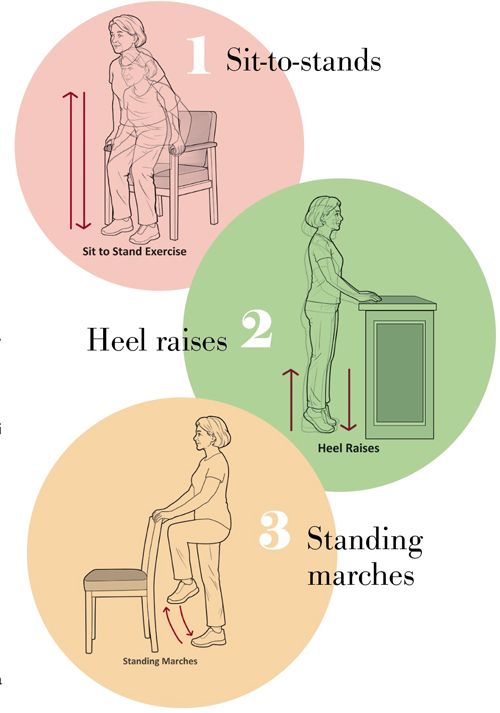 Illustrations of three balance exercises.