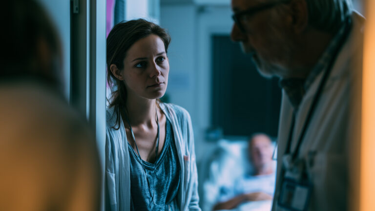 Woman talks to a doctor in the doorway of a hospital room. Her father is seen in a hospital bed in the background. Toll of caregiving concept.